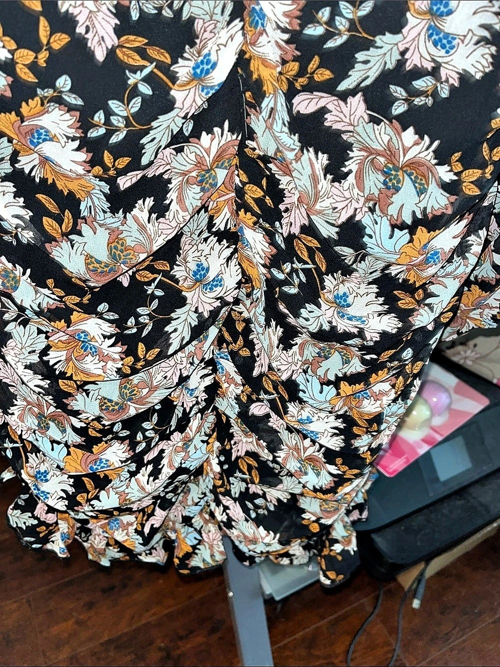 Floral Midi Dress in Black & Multicolor Like New - Picture 3 of 10